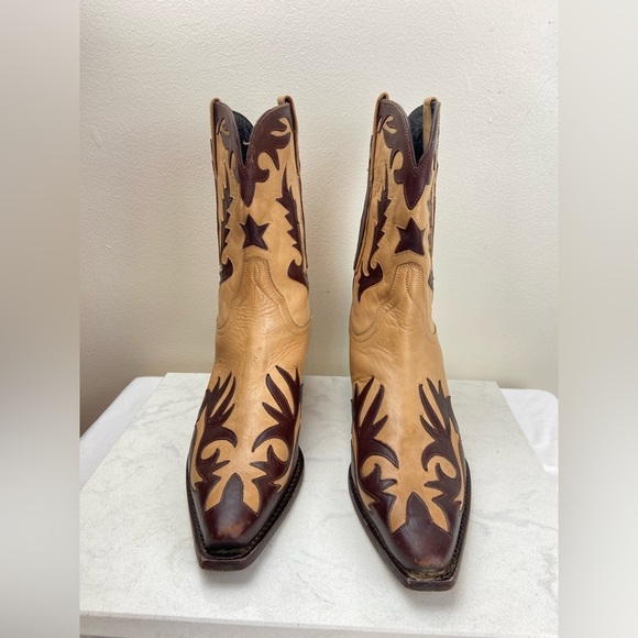 Vintage Charlie Horse by Lucchese Western Flame Two Tone Leather Cowboy Boots 8 - Picture 3 of 15